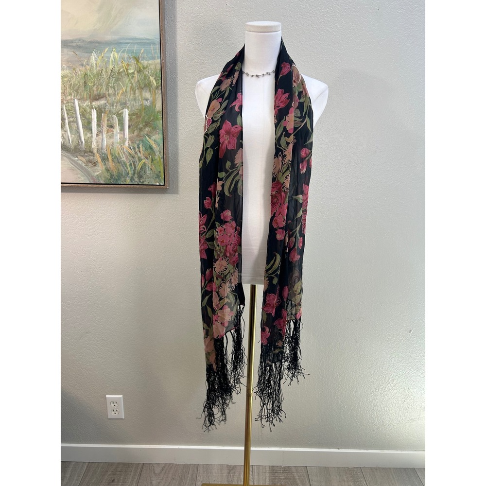 Sue Wong Nocturne 100% Silk Floral Beaded Fringe Scarf Black Pink Wrap Shawl